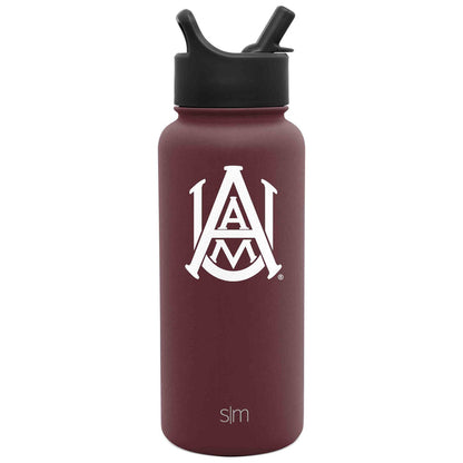 Deep burgundy water bottle with matte black cap and straw system