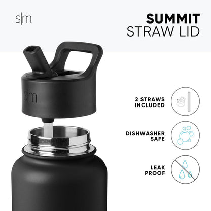 Matte black Summit Straw Lid and drinkware with metallic silver accents on the lid base ring and interior, shown against a grayscale background.