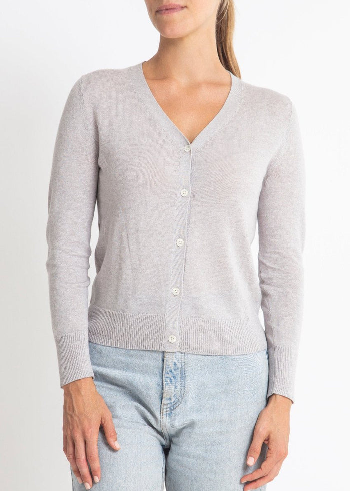 Sonya Hopkins 95% cotton 5% cashmere superfine v-neck cardigan in silver marle