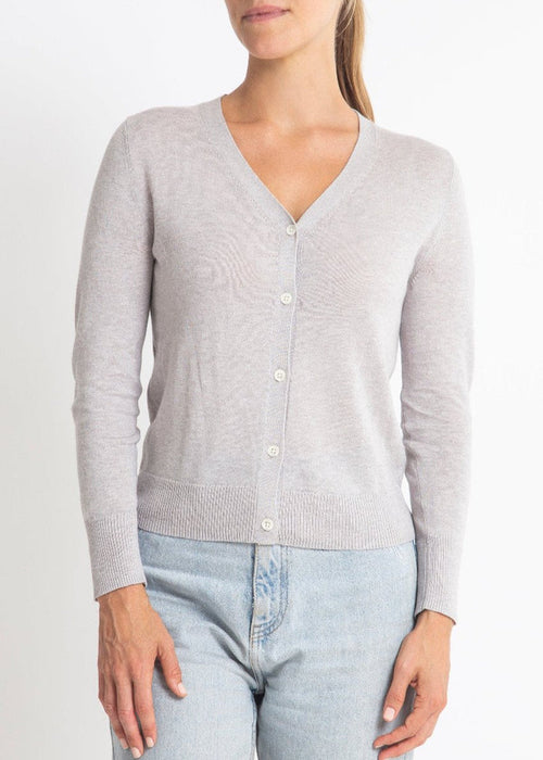 Sonya Hopkins 95% cotton 5% cashmere superfine v-neck cardigan in silver marle