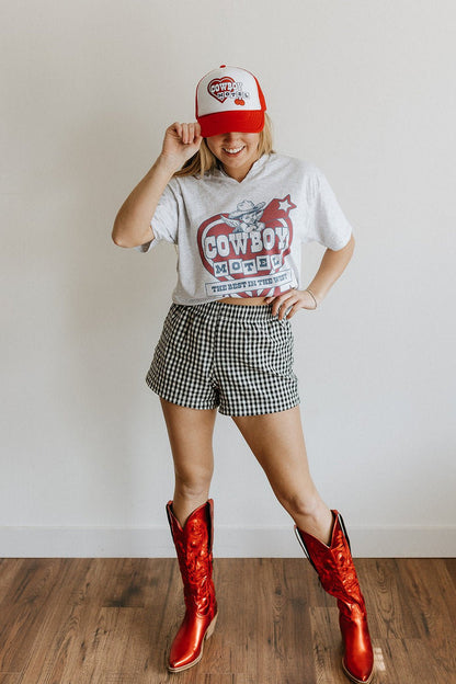 Cowboy Motel Raw Cut V - neck GraphicTeeAdd tee color hereS