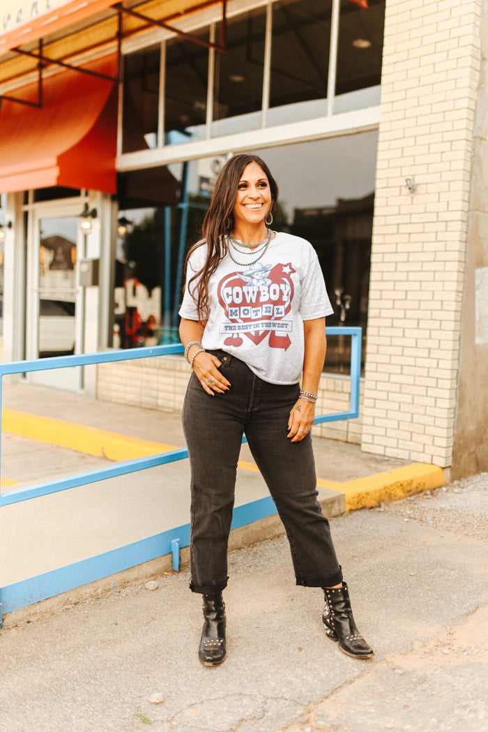 Cowboy Motel Raw Cut V - neck Graphic TeeLight AshXS