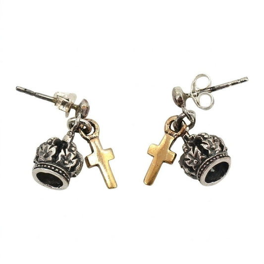 Front view of two-tone stud earrings featuring a sterling silver crown and dangling 14K gold-plated cross