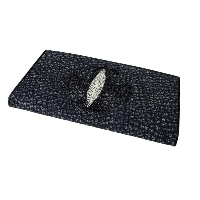 Angled view of a dark grey stingray leather long wallet featuring a black stingray cross design with a central white pearl on a white background