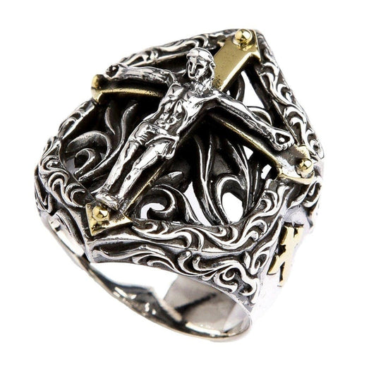 A men's Jesus cross ring designed in a bold, gothic biker style, made from solid sterling silver.