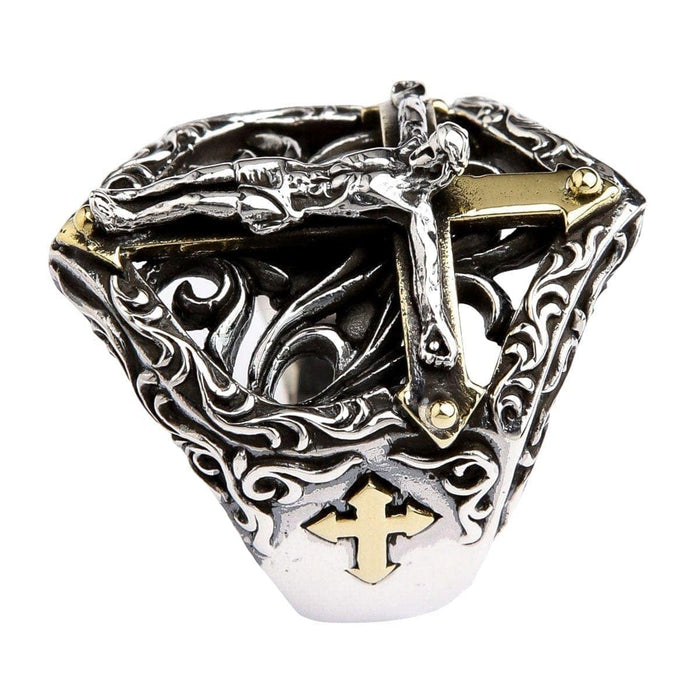 A large and detailed crucifix men's ring in sterling silver, featuring a powerful depiction of the crucifixion.