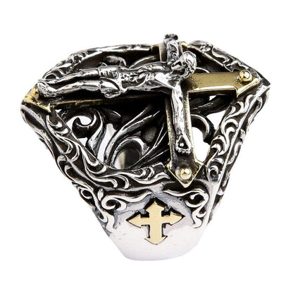 A large and detailed crucifix men's ring in sterling silver, featuring a powerful depiction of the crucifixion.