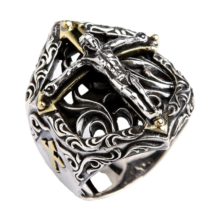 A direct front view of the gothic crucifix ring, highlighting the detailed sculpture of Jesus on the gold-accented cross.