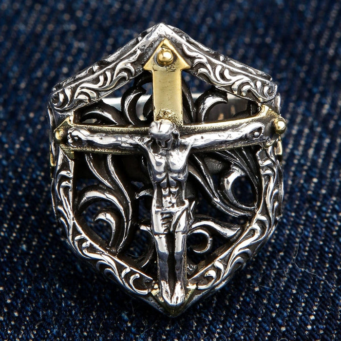 A premium piece of religious biker jewelry: a solid silver ring featuring the powerful crucifix symbol.