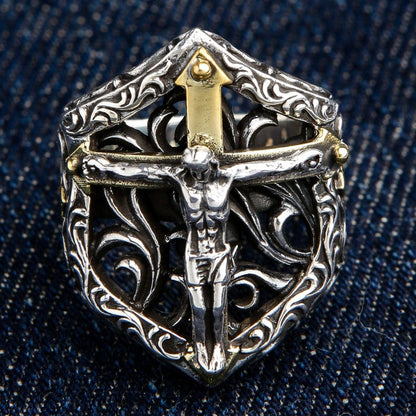 A premium piece of religious biker jewelry: a solid silver ring featuring the powerful crucifix symbol.