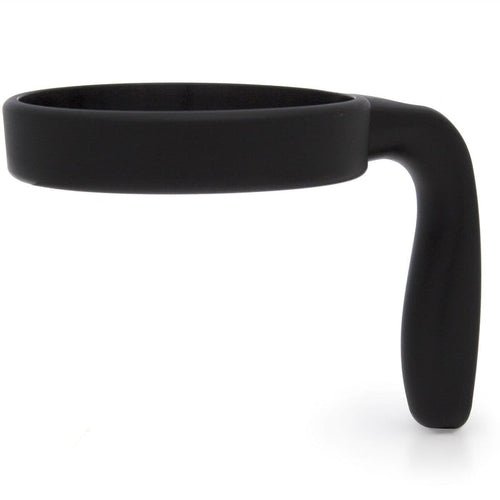 Black tumbler handle against white background
