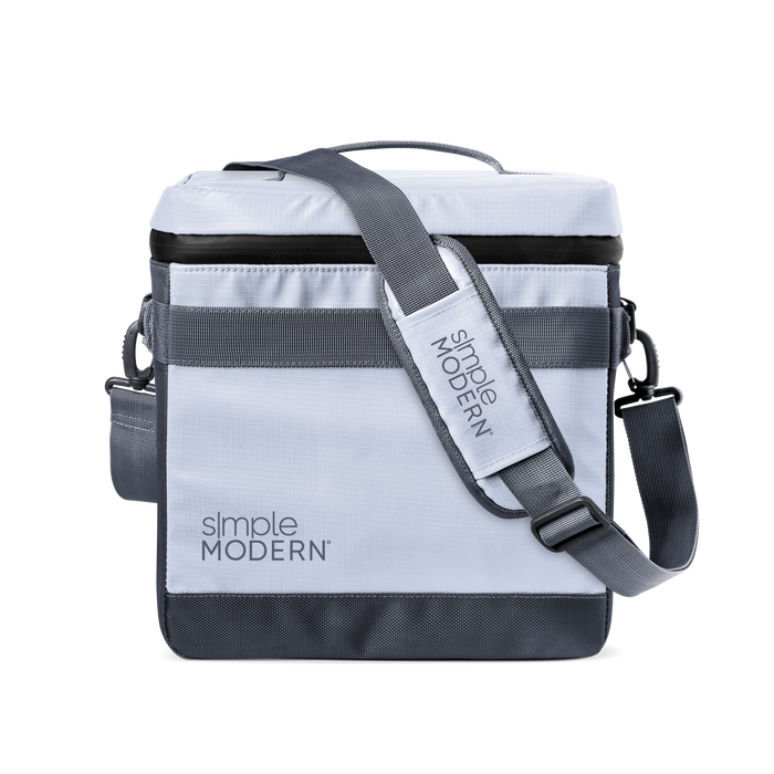 Light periwinkle blue cooler with horizontal charcoal gray and white stripes on main body