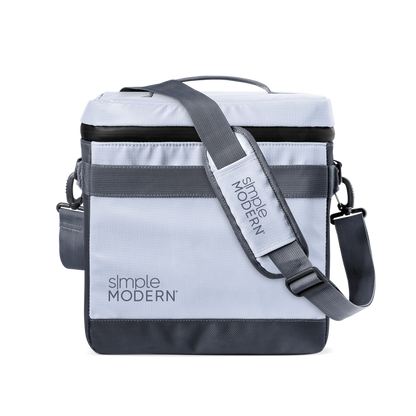 Light periwinkle blue cooler with horizontal charcoal gray and white stripes on main body