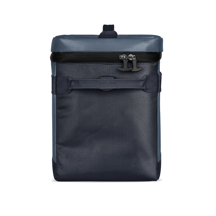 Dark navy blue fabric product with charcoal gray and black trim, straps, and hardware