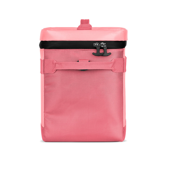 Bright candy-pink water bottle with black zipper band and hardware accents. Front view showing sleek design and closure mechanism.