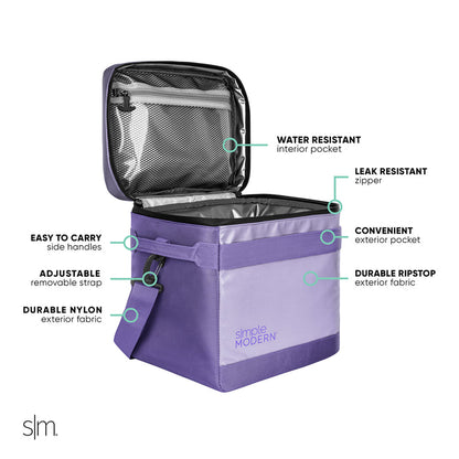 Vibrant purple and lavender two-tone clutch or bag with black interior lining, featuring color-blocked design with deep purple exterior and lighter lavender panels.