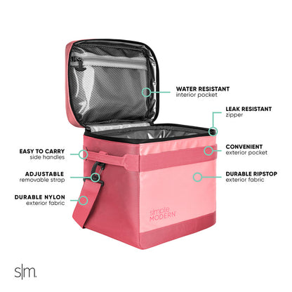 Coral pink cooler with burgundy accents on handles and bottom edge