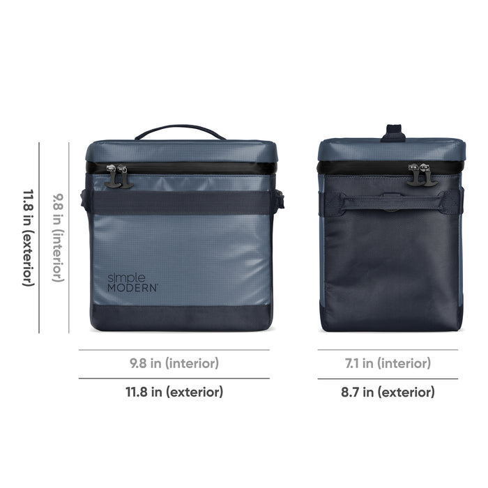 Two-toned navy and gray backpacks with color blocking design displayed against dark background