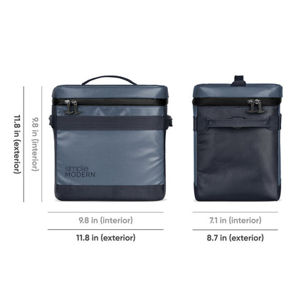 Two-toned navy and gray backpacks with color blocking design displayed against dark background