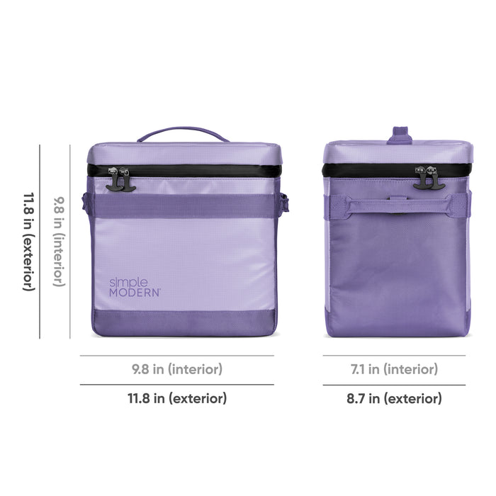 Soft lavender and light purple handbag with darker purple handles and straps, accented by black hardware and trim details