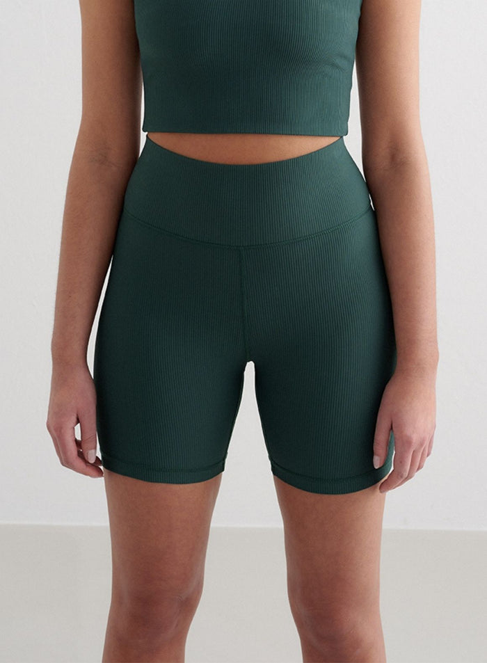 Deep Emerald Ribbed Performance Midi Biker Shorts