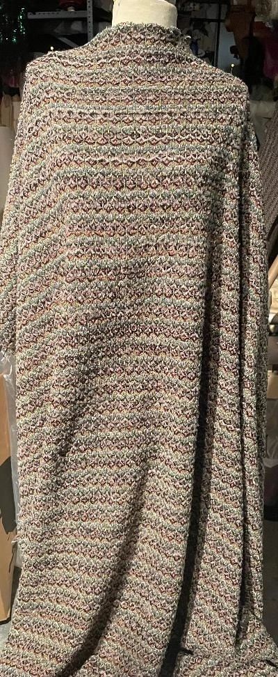 Designer Knitted Wool Blend Boucle - Green / Pink / Off White