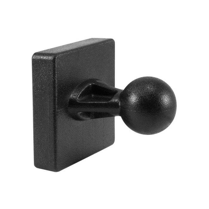 A black, wall-mounted Dual T-Slot to 17mm Ball Adapter for Garmin GPS with a square base and round knob, designed for hanging items or as an Arkon pedestal mount for GPS accessories.
