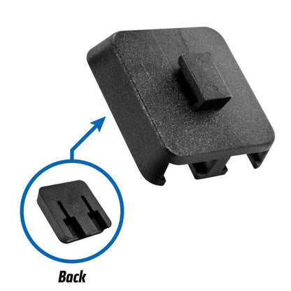 A black plastic rectangular Dual-T Mount Adapter for XM Radio, Scosche, or Bracketron Single-T holders with a raised center tab. An inset shows the back with two prongs labeled “Back.” The background is white.