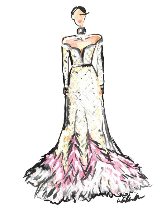 Elie Saab Nude Feather Dress Girl Watercolor Painting