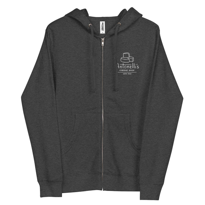 Embroidered Logo Unisex Zip-Up Fleece Hoodie in Charcoal Heather with Jersey-Lined Hood and Metal Zipper.