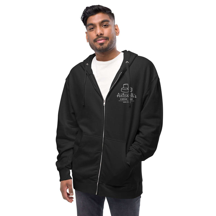 Unisex black fleece zip-up hoodie with embroidered logo design.