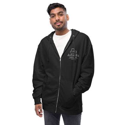 Unisex black fleece zip-up hoodie with embroidered logo design.