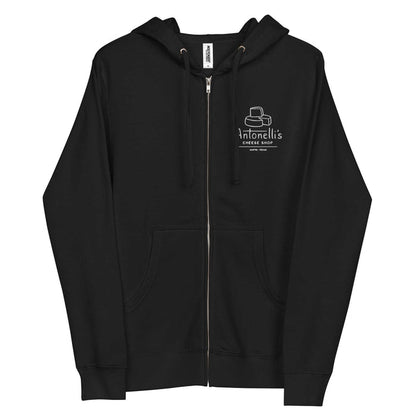 Embroidered logo unisex fleece zip-up hoodie with jersey-lined hood in black.