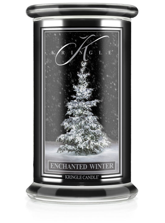 Kringle Candle with a snowy tree design on a white background