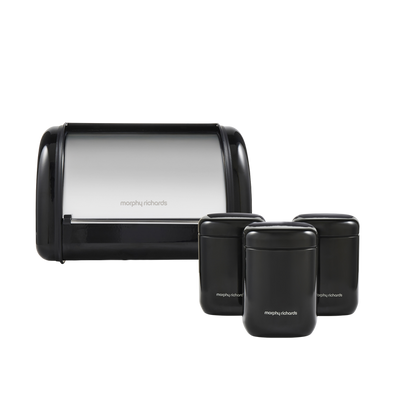Black 3 Storage Canisters and Compact Roll Front Bread Bin