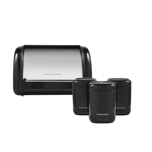 Black 3 Storage Canisters and Compact Roll Front Bread Bin