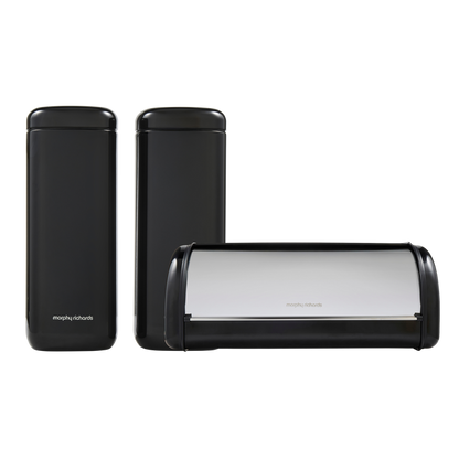 Morphy Richards cannisters and bread bin on a white background
