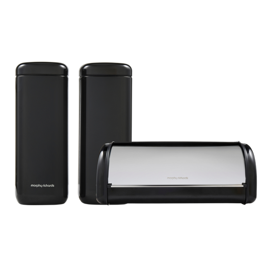 Morphy Richards cannisters and bread bin on a white background