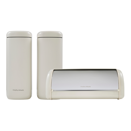 Morphy Richards cannisters and bread bin on a white background