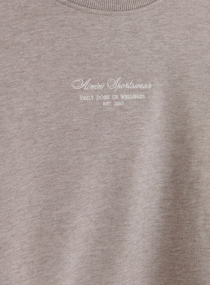 Espresso Melange jersey sweatshirt featuring white aim'n script embroidery across the chest.