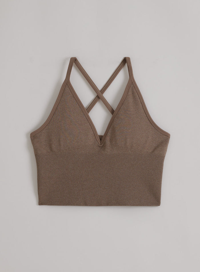 Espresso Melange Shape Seamless Cross Back Bralette by aim'n with ribbed texture and strappy cross-back detail.