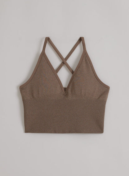 Espresso Melange Shape Seamless Cross Back Bralette by aim'n with ribbed texture and strappy cross-back detail.