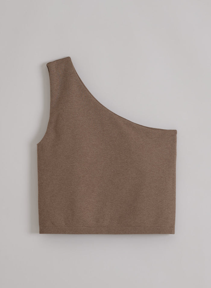 Espresso melange Shape Seamless One Shoulder Bralette by aim'n in a flatlay view with a second skin feel.