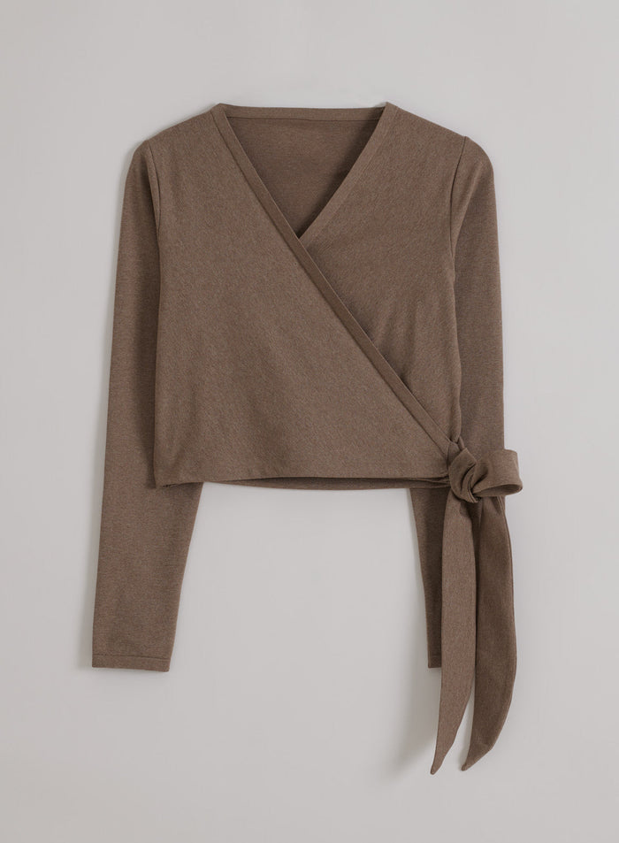 Espresso Melange aim'n Shape Seamless Wrap Long Sleeve top featuring side ties in a flatlay presentation.