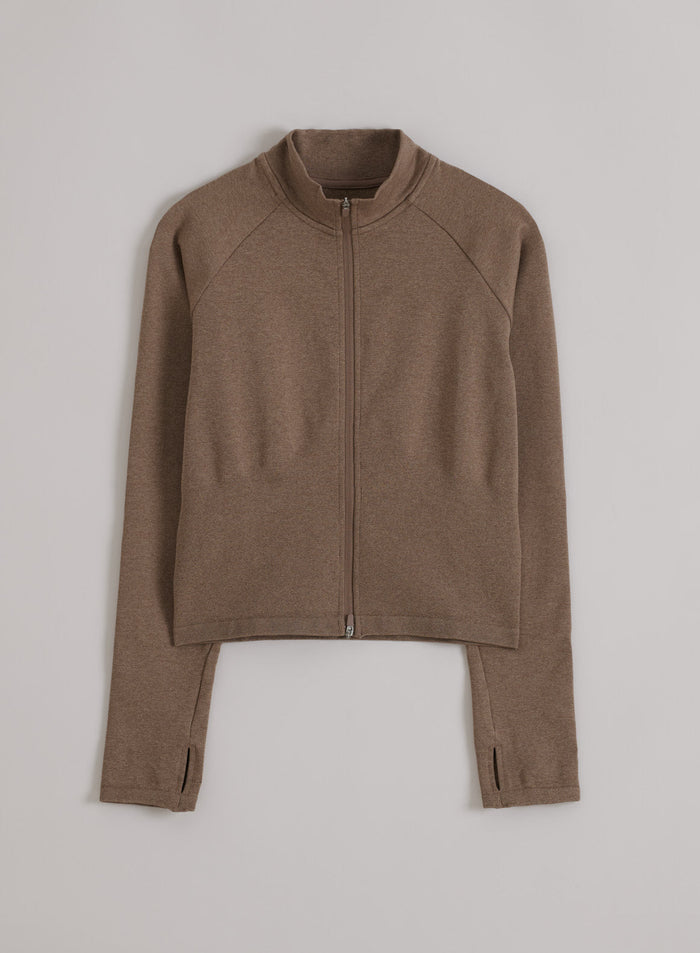 aim'n Espresso Melange Shape Seamless Zip Jacket featuring a full zipper and thumbhole cuffs.
