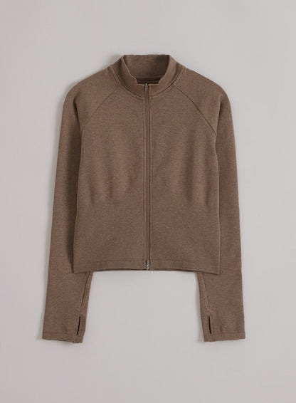 aim'n Espresso Melange Shape Seamless Zip Jacket featuring a full zipper and thumbhole cuffs.