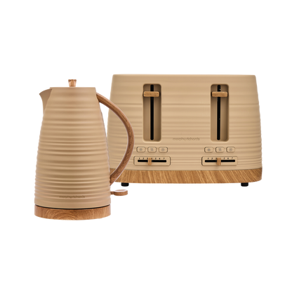 Beige kettle and toaster set on a white background