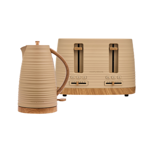 Beige kettle and toaster set on a white background