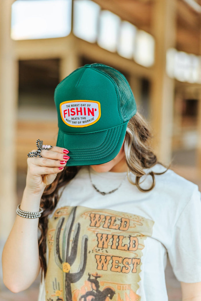 Fishin' Beats Workin' Patch Trucker HatDark Green