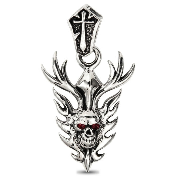 Oxidized front of the flame skull biker pendant with darkened flame recesses framing the polished skull